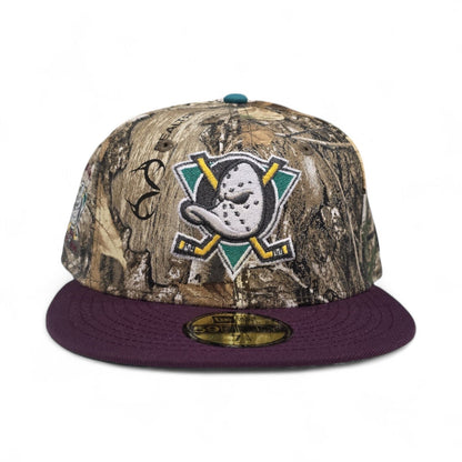 Real Tree Anaheim Mighty Ducks Plum Visor Gray Bottom 1993-1994 Inaugural Season Side Patch New Era 59Fifty Fitted