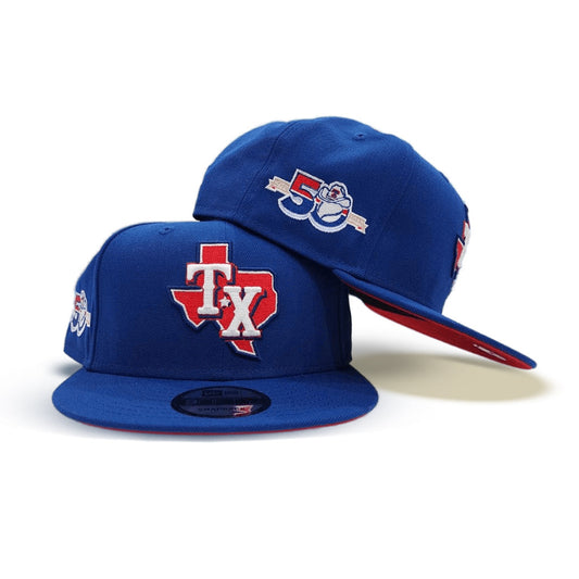 Royal Blue Texas Rangers Red Bottom 50th Anniversary Side Patch New Era 9Fifty Snapback