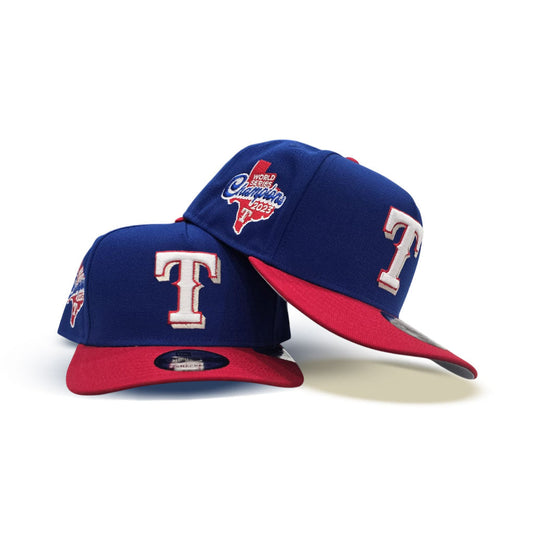 Royal Blue Texas Rangers Red Visor Gray Bottom Curved Brim 2023 World Series Champions Side Patch New Era 9Fifty Snapback
