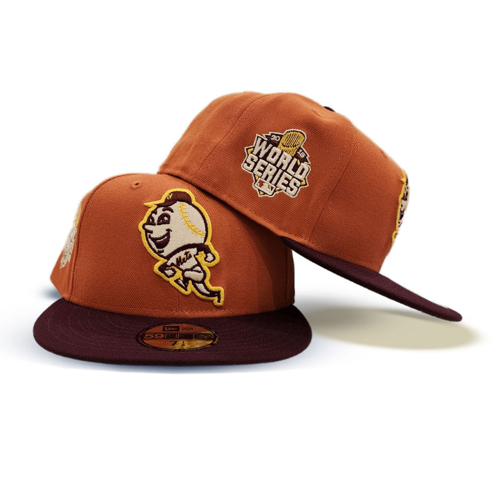 Rust New York Mr. Mets Maroon Visor Olive Green Bottom 2015 World Series Side Patch New Era 59Fifty Fitted