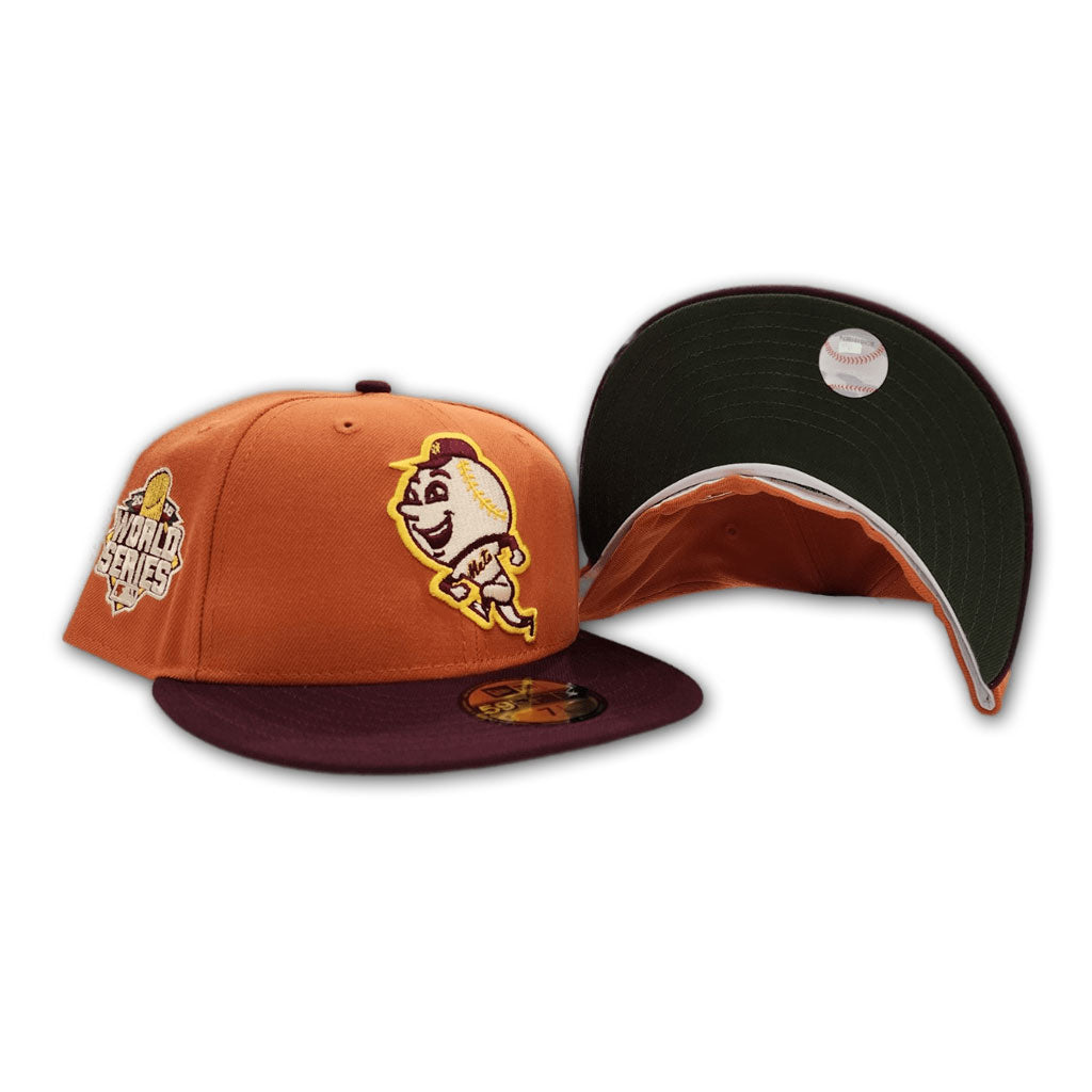 Rust New York Mr. Mets Maroon Visor Olive Green Bottom 2015 World Series Side Patch New Era 59Fifty Fitted
