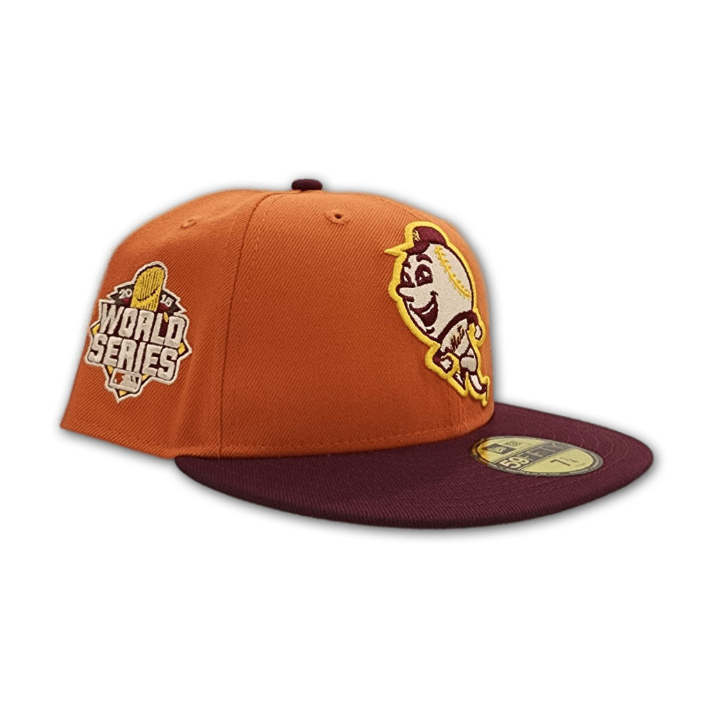 Rust New York Mr. Mets Maroon Visor Olive Green Bottom 2015 World Series Side Patch New Era 59Fifty Fitted