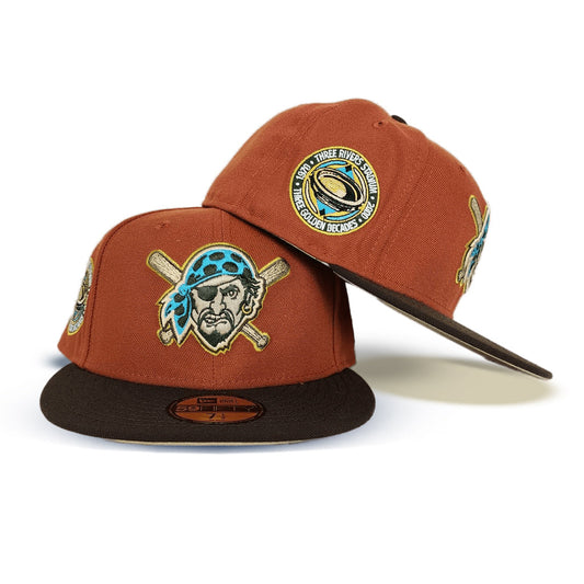 Rust Orange Pittsburgh Pirates Brown Visor Vegas Gold Bottom Three Rivers Stadium Side Patch New Era 59Fifty Fitted