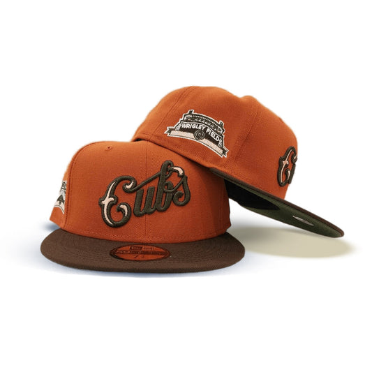 Rust Orange Scrip Chicago Cubs Brown Visor Olive Green Bottom A Century Wrigley Field Side Patch New Era 59Fifty Fitted