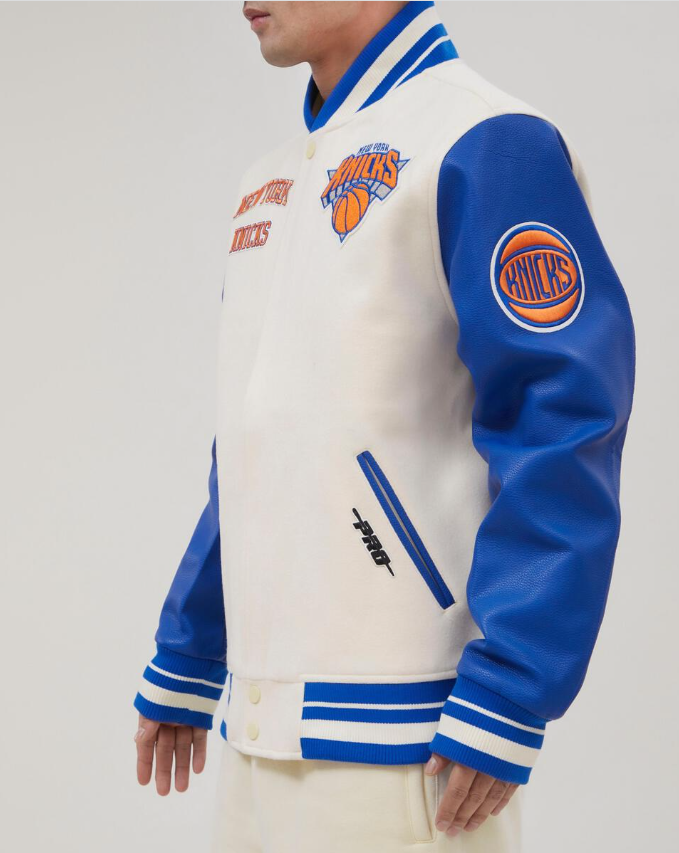 Off White Royal Blue New York Knicks Pro Standard Logo Wool Varsity Heavy Jacket