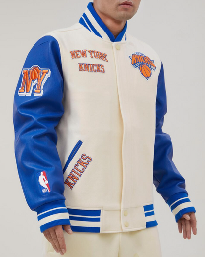Off White Royal Blue New York Knicks Pro Standard Logo Wool Varsity Heavy Jacket