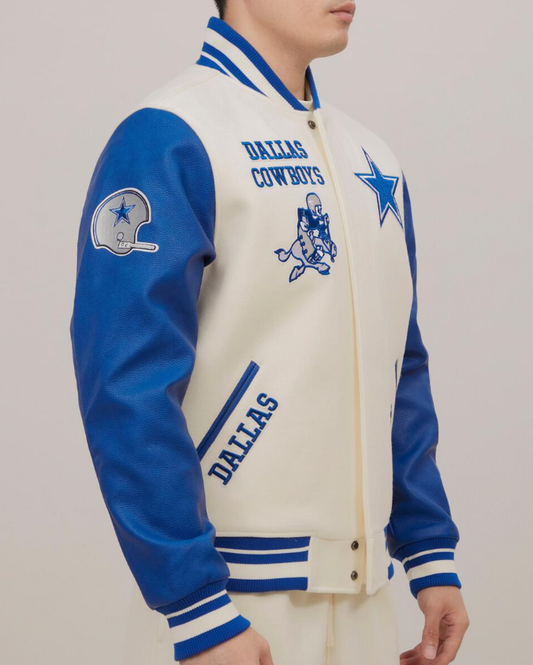 Off White Royal Blue Dallas Cowboys Pro Standard Logo Wool Varsity Heavy Jacket