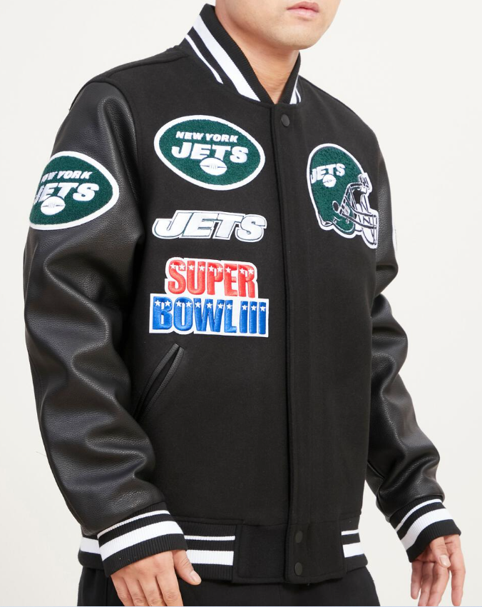 Black New York Jets Pro Standard Mashup Logo Wool Varsity Heavy Jacket