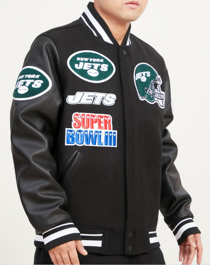 Black New York Jets Pro Standard Mashup Logo Wool Varsity Heavy Jacket
