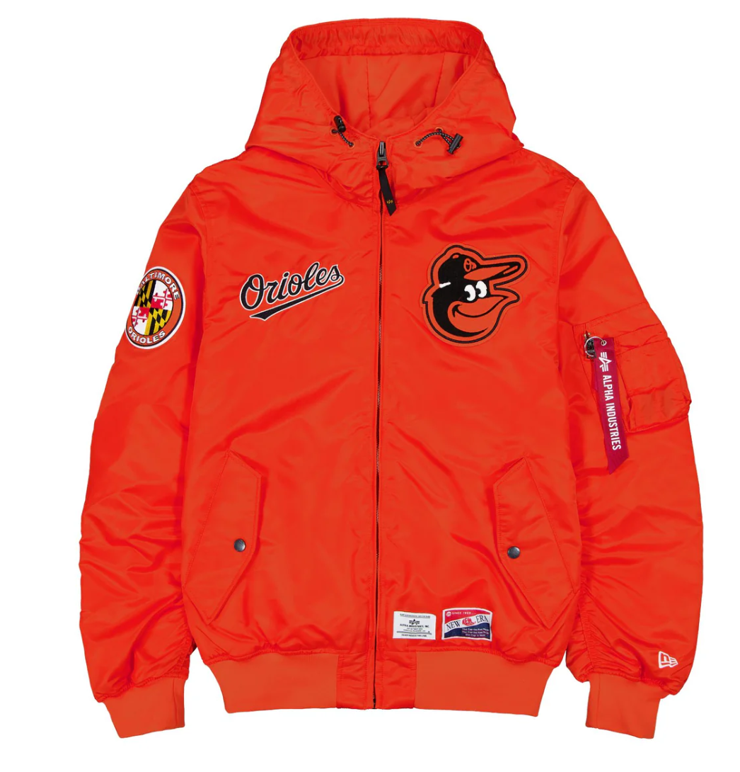 Orange Baltimore Orioles Alpha Industries X New Era L-2B Hooded Bomber Jacket