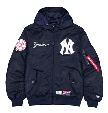 Navy Blue New York Yankees Alpha Industries X New Era L-2B Hooded Bomber Jacket