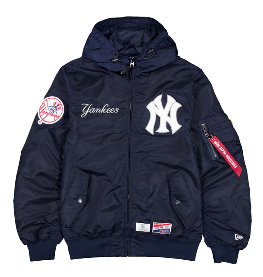 Navy Blue New York Yankees Alpha Industries X New Era L-2B Hooded Bomber Jacket
