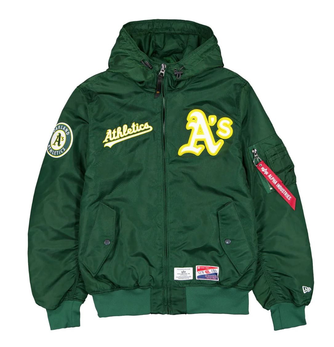 Green Oakland Athletics Alpha Industries X New Era L-2B Hooded Bomber Jacket