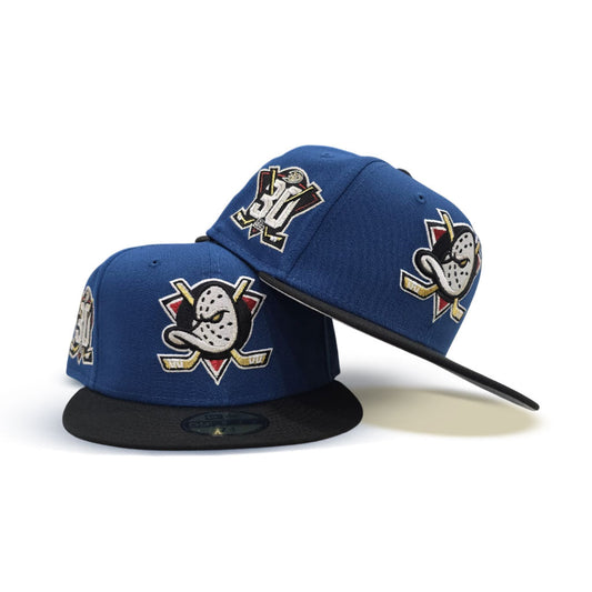 Seashore Blue Anaheim Mighty Ducks Black Visor Gray Bottom 30th Anniversary Side Patch New Era 59Fifty Fitted
