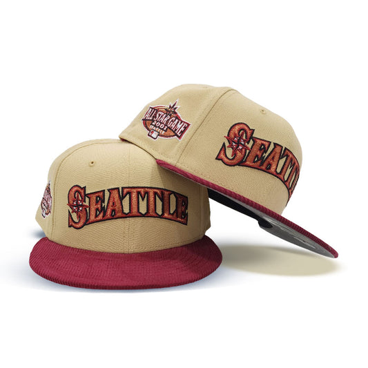 Vegas Gold Seattle Mariners Burgundy Corduroy Visor Gray Bottom 2001 All Star Game Side Patch New Era 59Fifty Fitted