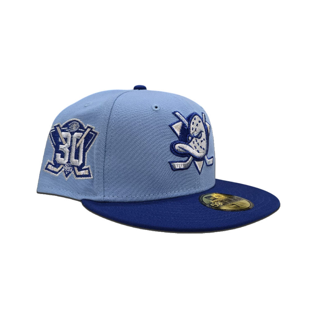 Birdseye Blue Anaheim Mighty Ducks Royal Blue Visor Gray Bottom 30th Anniversary Side Patch New Era 59Fifty Fitted