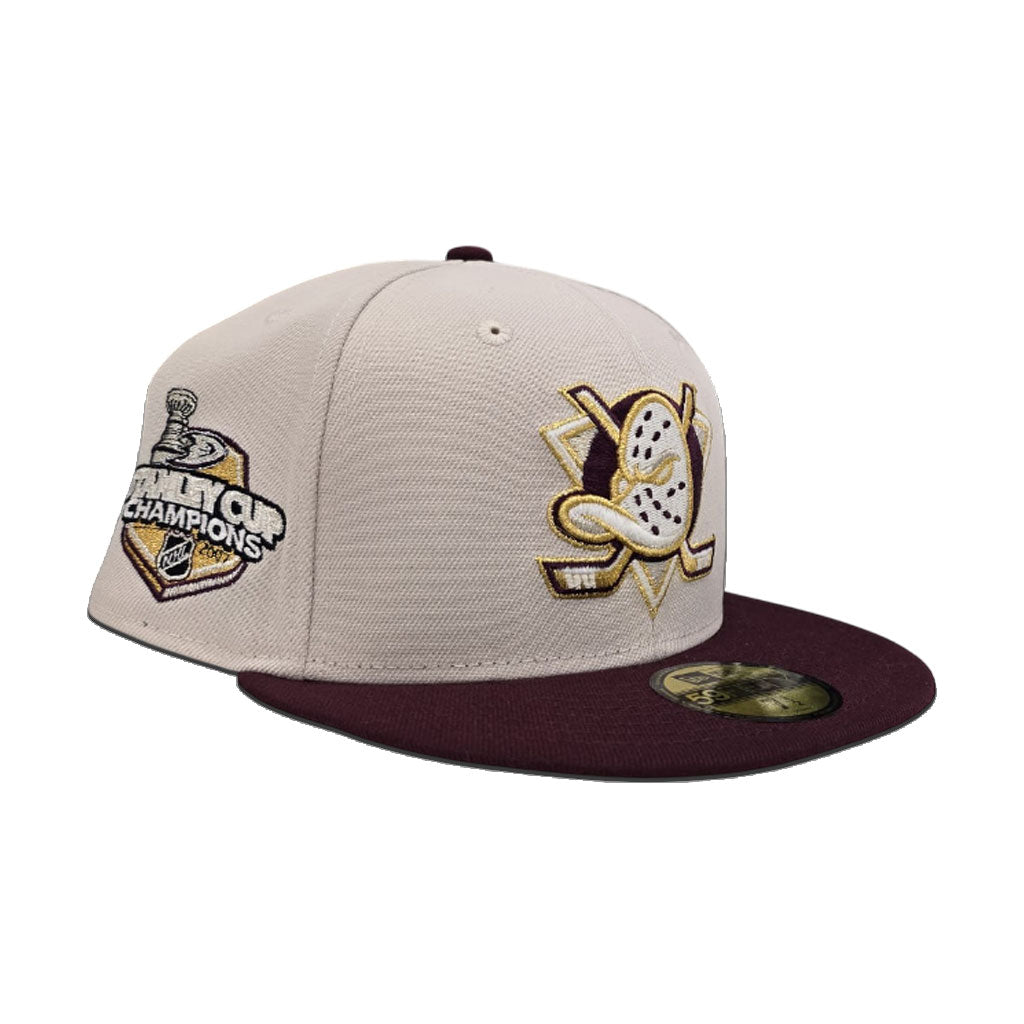 Stone Anaheim Mighty Ducks Maroon Visor Gray Bottom 2007 Stanley Cup Champions Side Patch New Era 59Fifty Fitted