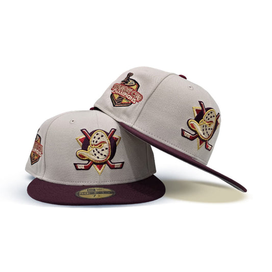 Stone Anaheim Mighty Ducks Burgundy Visor Gray Bottom 2007 Stanley Cup Champions Side Patch New Era 59Fifty Fitted