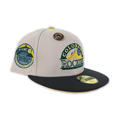 Stone Colorado Rockies Dark Gary Visor Yellow Bottom 10th Years Anniversary Side Patch New Era 59Fifty Fitted