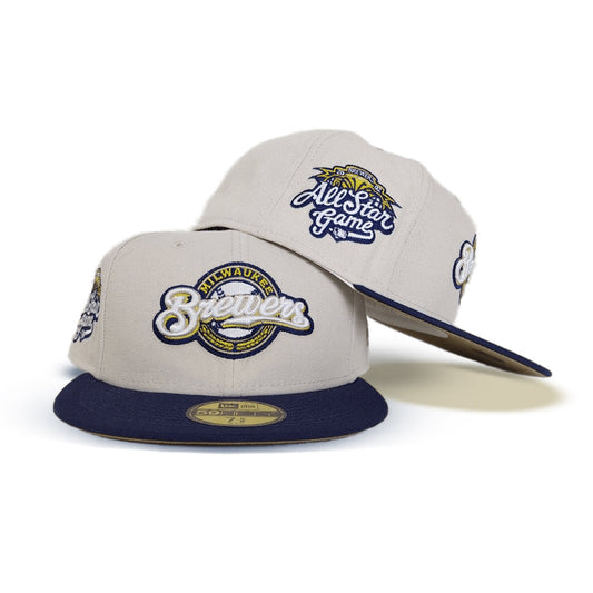 Stone Milwaukee Brewers Navy Blue Visor Khaki Bottom 2002 All Star Game Side Patch New Era 59Fifty Fitted