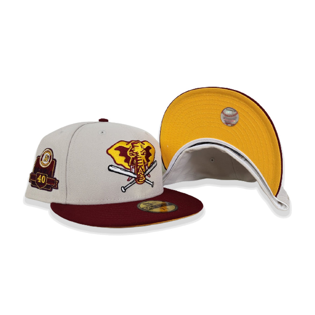 Stone Oakland Athletics Burgundy Visor Yellow Bottom 40th Anniversary Side Patch New Era 59Fifty Fitted