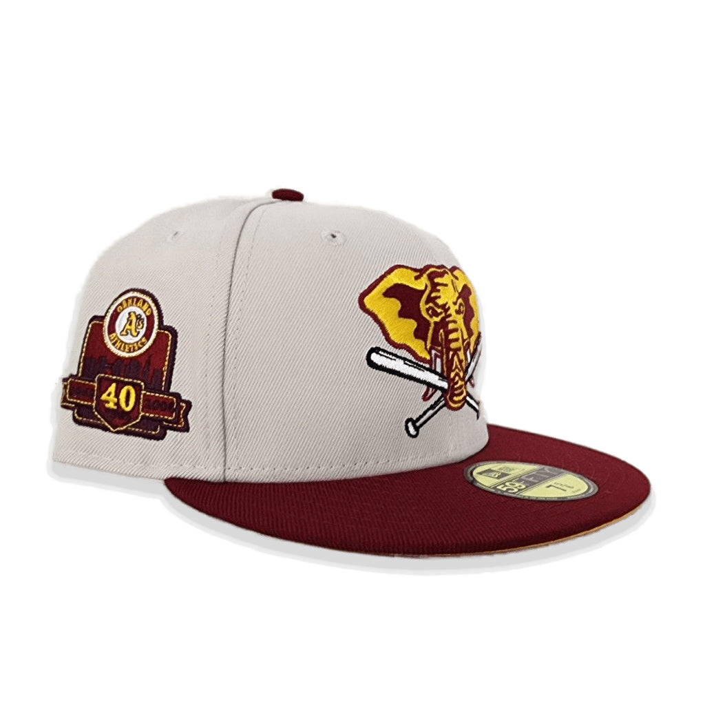 Stone Oakland Athletics Burgundy Visor Yellow Bottom 40th Anniversary Side Patch New Era 59Fifty Fitted