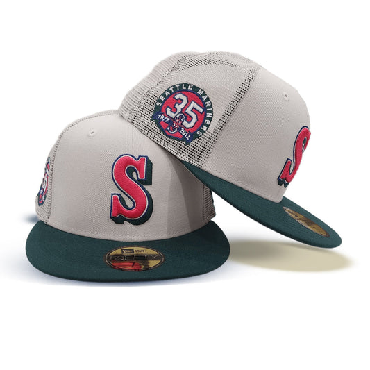 Stone Trucker Seattle Mariners Dark Green Visor Gray Bottom 35th Anniversary Side Patch New Era 59Fifty Fitted