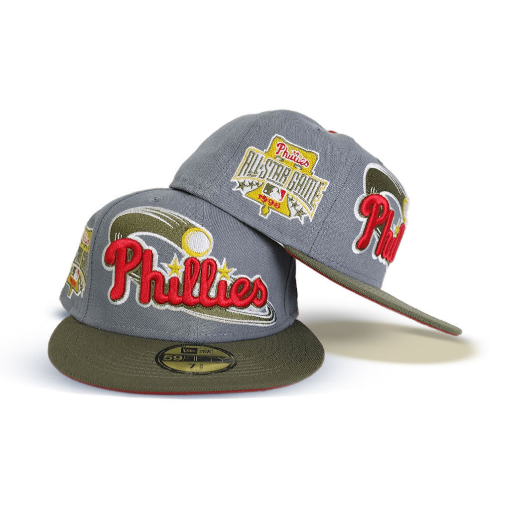 Storm Gray Philadelphia Phillies Olive Green Visor Red Bottom 1996 All Star Game Side Patch New Era 59Fifty Fitted