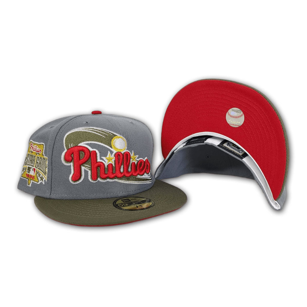 Storm Gray Philadelphia Phillies Olive Green Visor Red Bottom 1996 All Star Game Side Patch New Era 59Fifty Fitted
