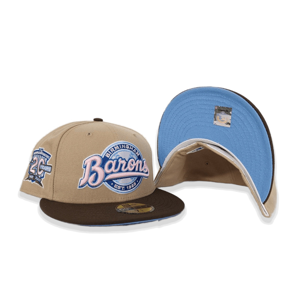 Tan Birmingham Barons Brown Visor Icy Blue Bottom 20 Years Side Patch New Era 59Fifty Fitted