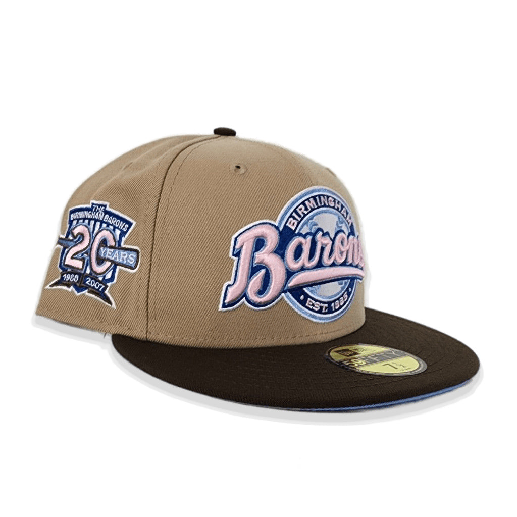 Tan Birmingham Barons Brown Visor Icy Blue Bottom 20 Years Side Patch New Era 59Fifty Fitted