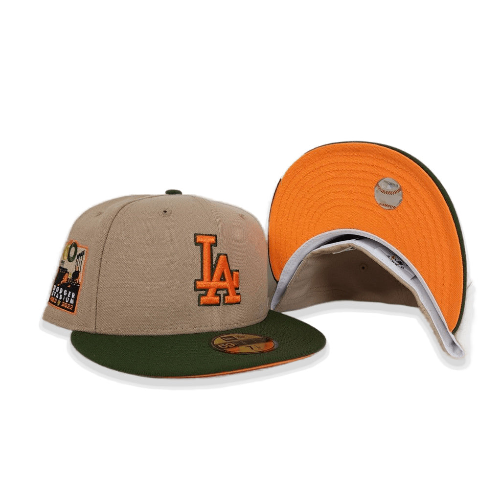 Tan Los Angeles Dodgers Olive Green Visor Orange Bottom 60th Anniversary Side Patch New Era 59Fifty Fitted