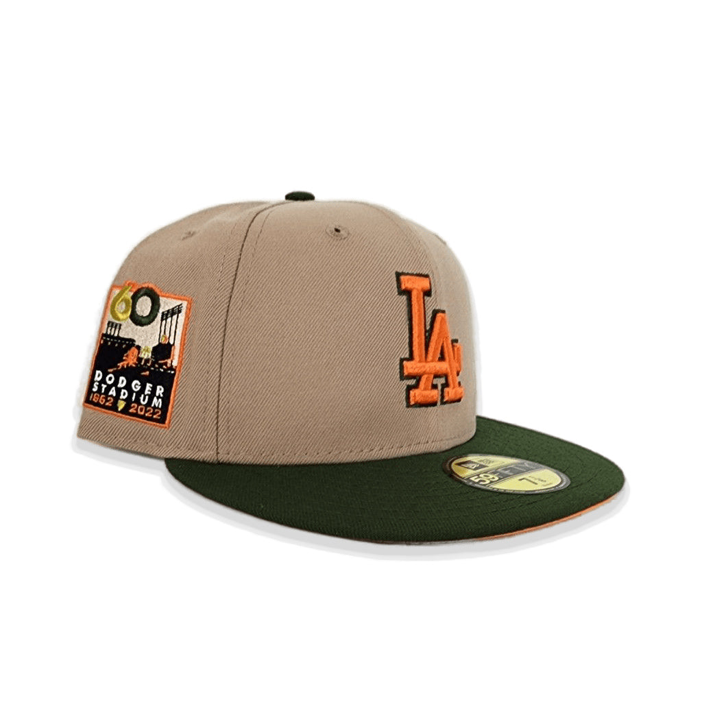 Tan Los Angeles Dodgers Olive Green Visor Orange Bottom 60th Anniversary Side Patch New Era 59Fifty Fitted