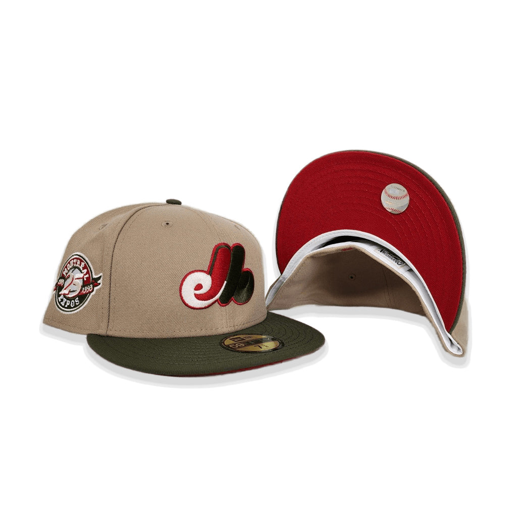Tan Montreal Expos Olive Green Visor Red Bottom 25th Anniversary Side Patch New Era 59Fifty Fitted