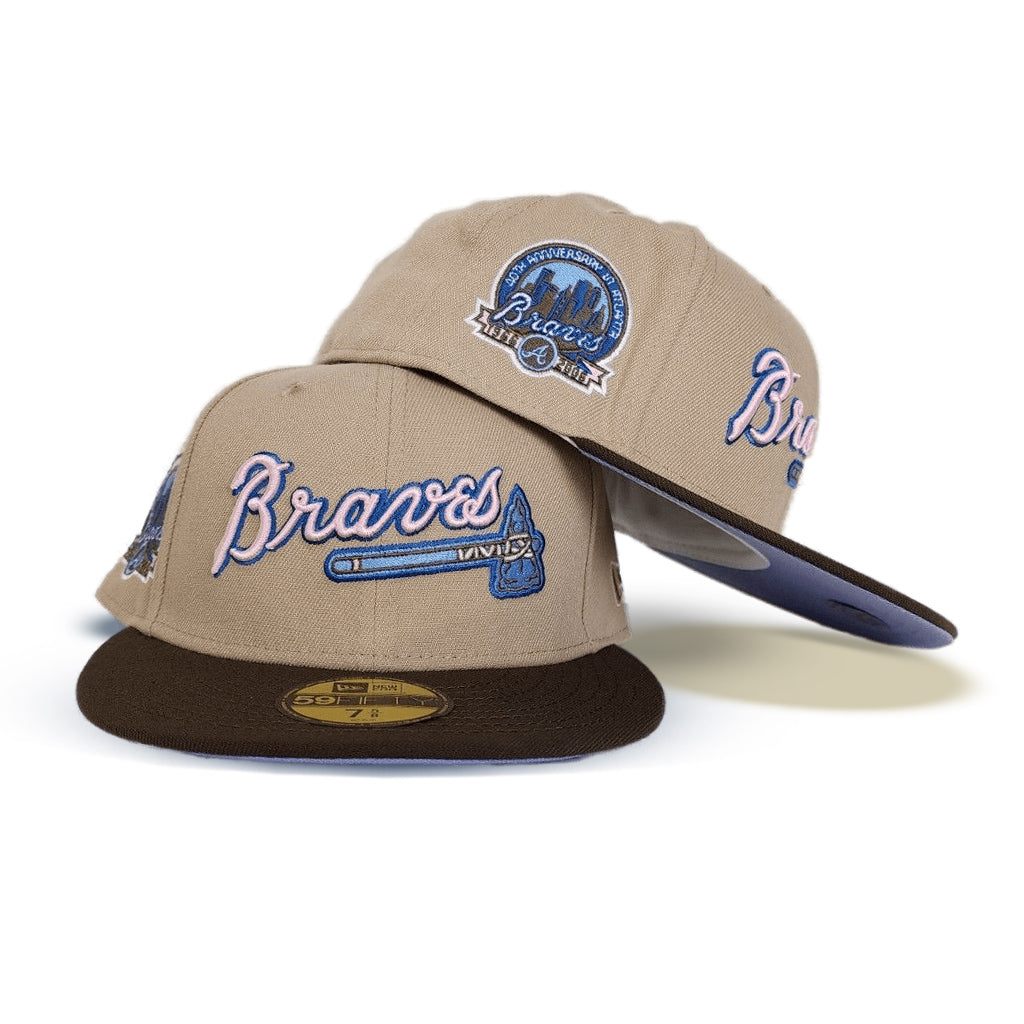 Tan Scrip Atlanta Braves Brown Visor Lavender Bottom 40th Anniversary Side Patch New Era 59Fifty Fitted