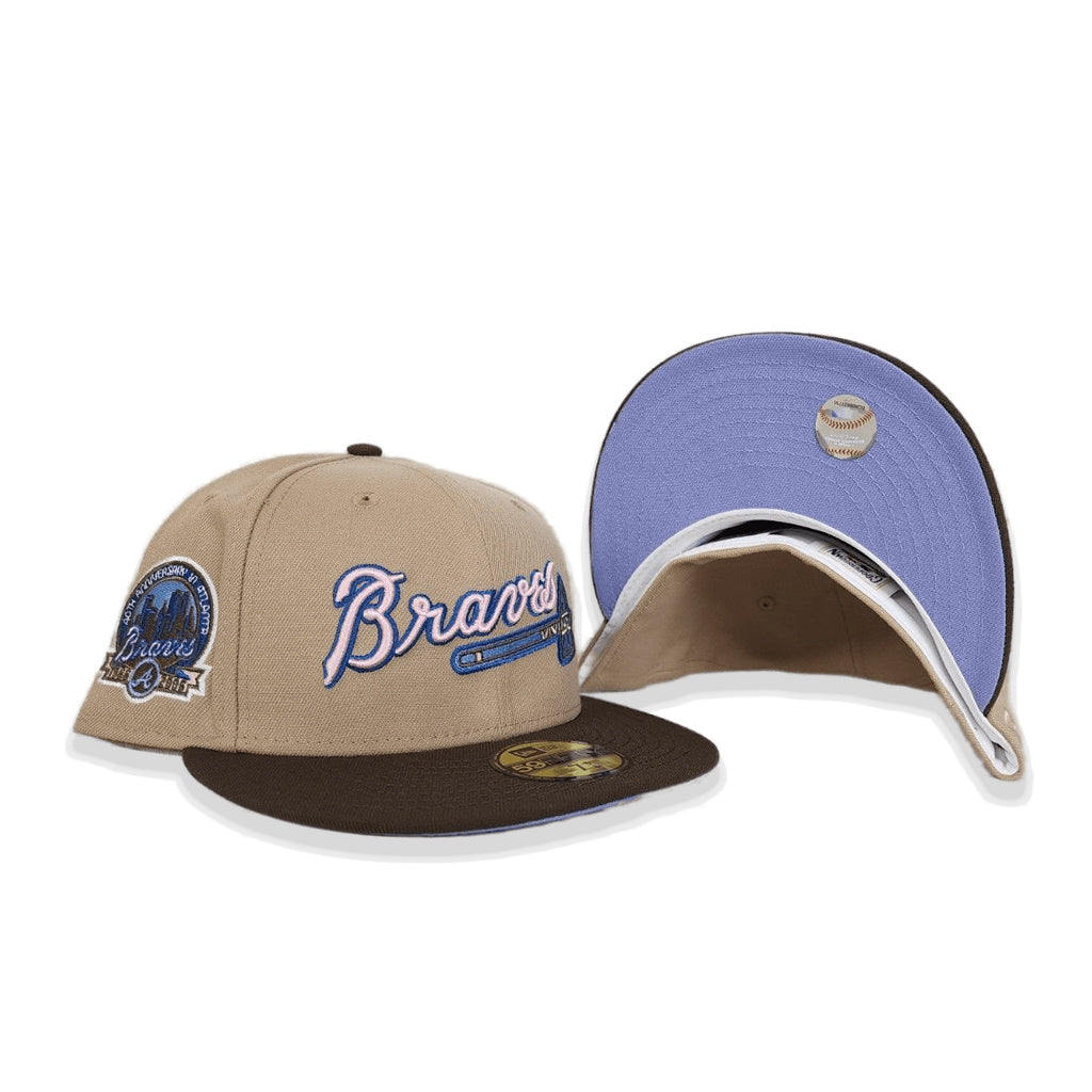 Tan Scrip Atlanta Braves Brown Visor Lavender Bottom 40th Anniversary Side Patch New Era 59Fifty Fitted