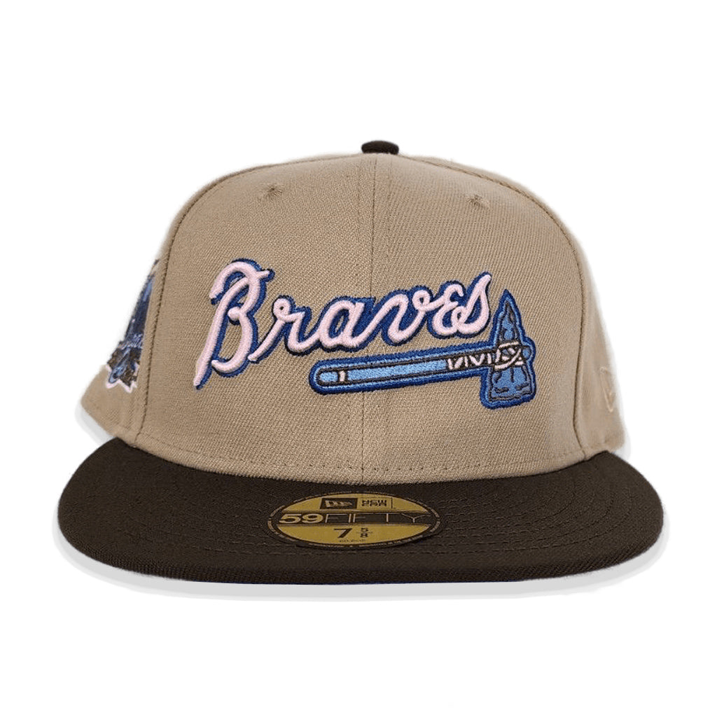 Tan Scrip Atlanta Braves Brown Visor Lavender Bottom 40th Anniversary Side Patch New Era 59Fifty Fitted