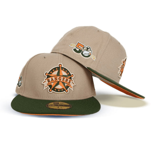 Tan Texas Rangers Olive Green Visor Orange Bottom 50th Anniversary Side Patch New Era 59Fifty Fitted