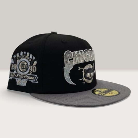Black Chicago Cubs Lightning Logo Storm Gray Visor Gray Bottom 1990 All Star Game Side Patch New Era Fitted