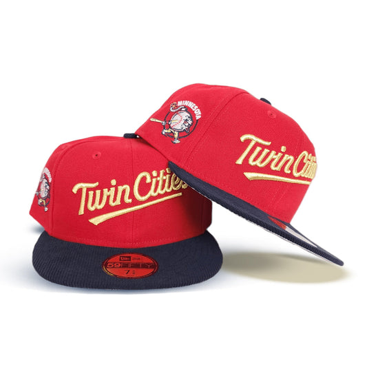 Red Minnesota Twins Navy Blue Corduroy Visor Gray Bottom Minnesota Mascot Side Patch New Era 59Fifty Fitted