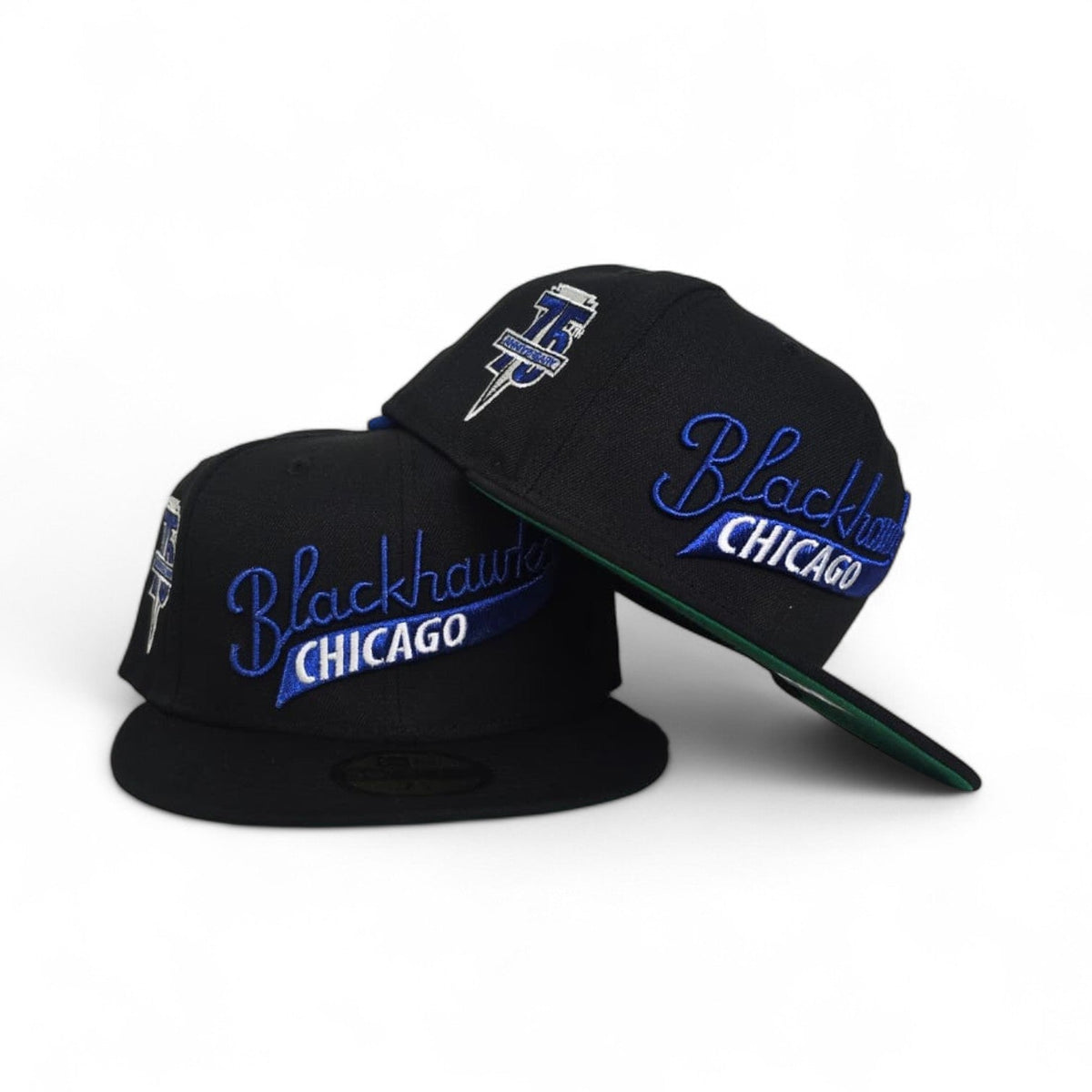 Black Chicago Blackhawks Script Logo Green Bottom 75th Anniversary Side Patch New Era 59Fifty Fitted