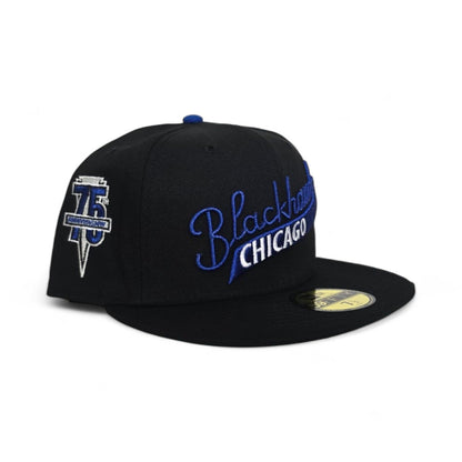 Black Chicago Blackhawks Script Logo Green Bottom 75th Anniversary Side Patch New Era 59Fifty Fitted