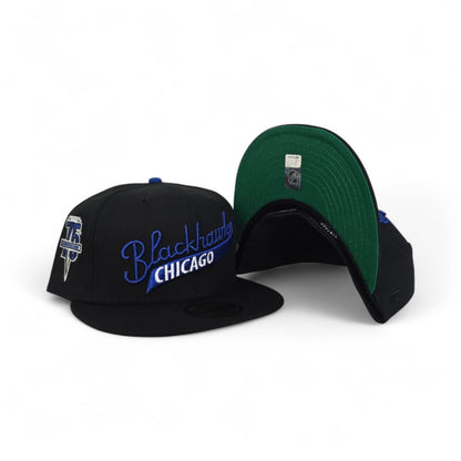 Black Chicago Blackhawks Script Logo Green Bottom 75th Anniversary Side Patch New Era 59Fifty Fitted
