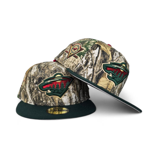 Real Tree Minnesota Wild Dark Green Visor Gray Bottom 5 Year Anniversary Side Patch New Era 59Fifty Fitted