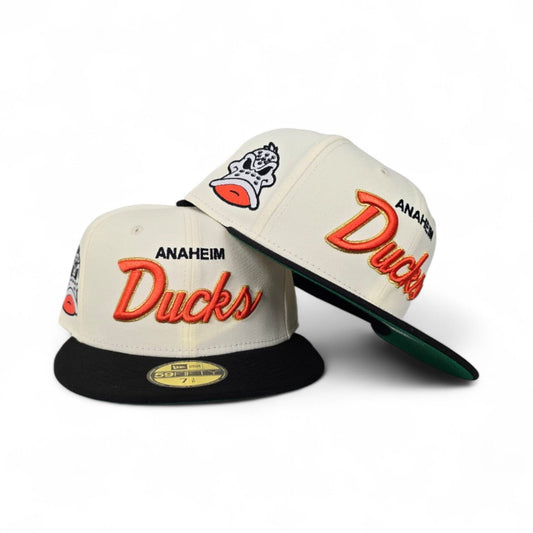 Off White Anaheim Ducks Black Visor Green Bottom Mascot Logo Side Patch New Era 59Fifty Fitted