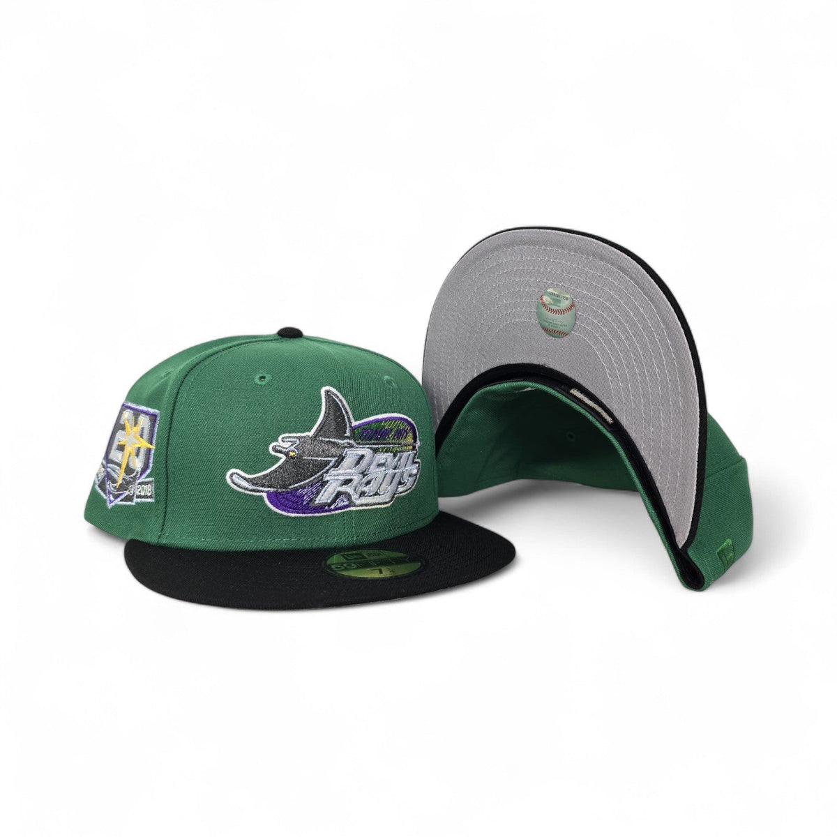 Kelly Green Tampa Bay Rays Black Visor Gray Bottom 20th Anniversary side Patch New Era 59Fifty Fitted
