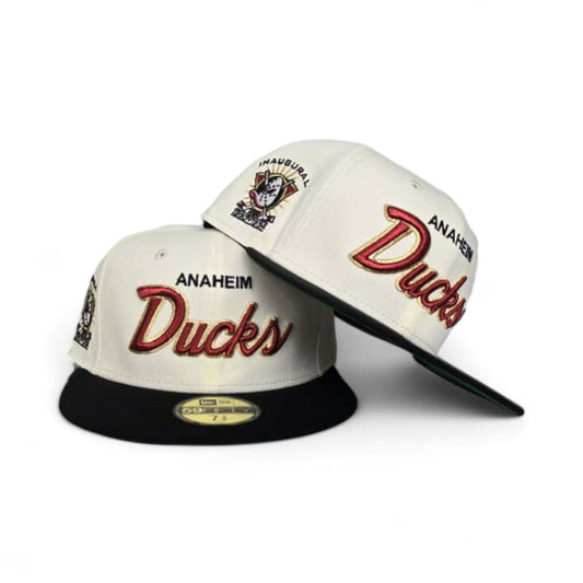 Off White Script Anaheim Ducks Black Visor Green Bottom 1993-1994 Inaugural Side Patch New Era 59Fifty Fitted