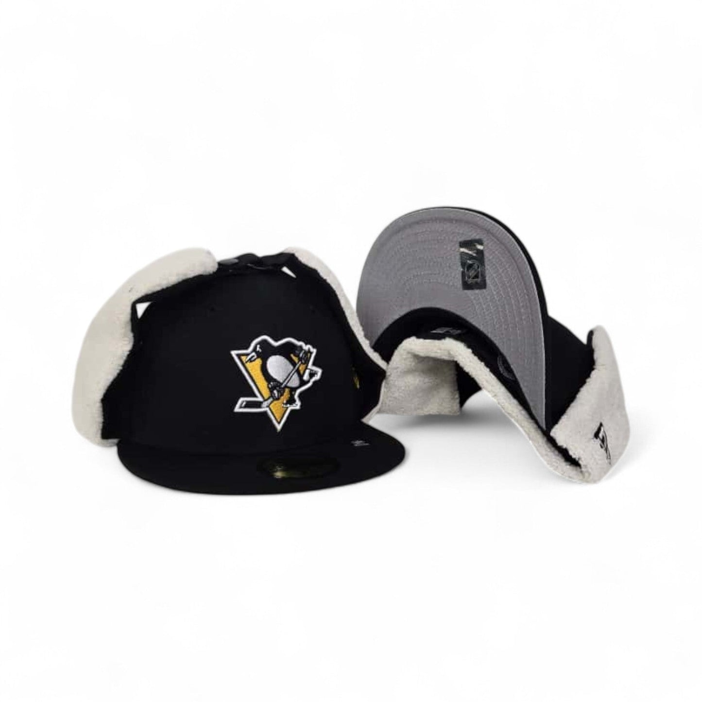 Black Pittsburgh Penguins Gray Bottom Dog Ear Flap New Era 59Fifty Fitted
