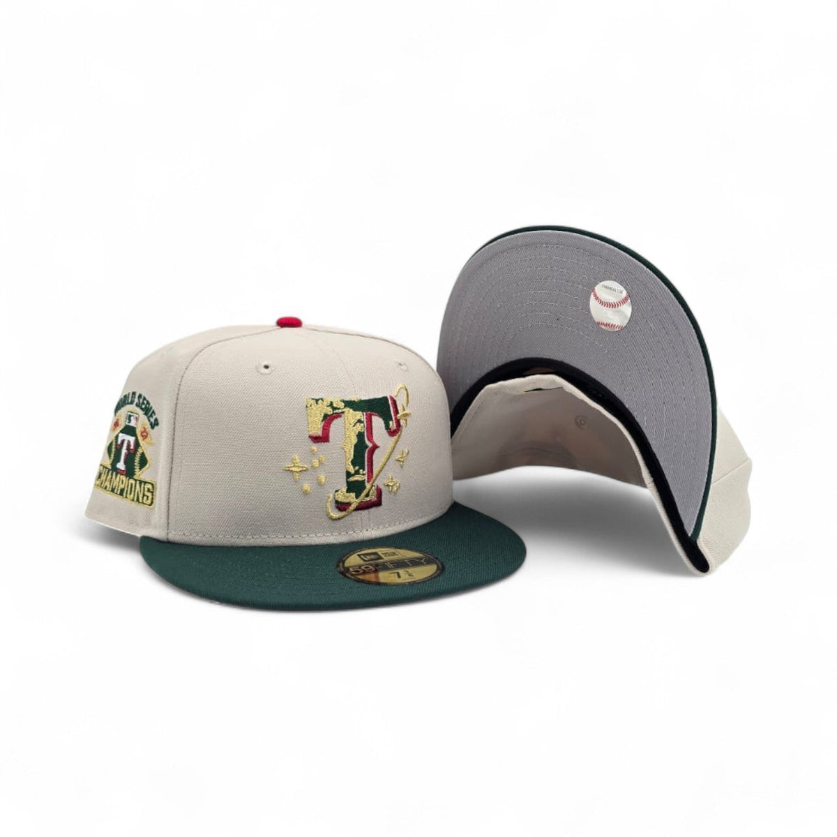 Stone Texas Rangers Dark Green Visor Gray Bottom 2023 World Series Champions Side Patch New Era 59Fifty Fitted