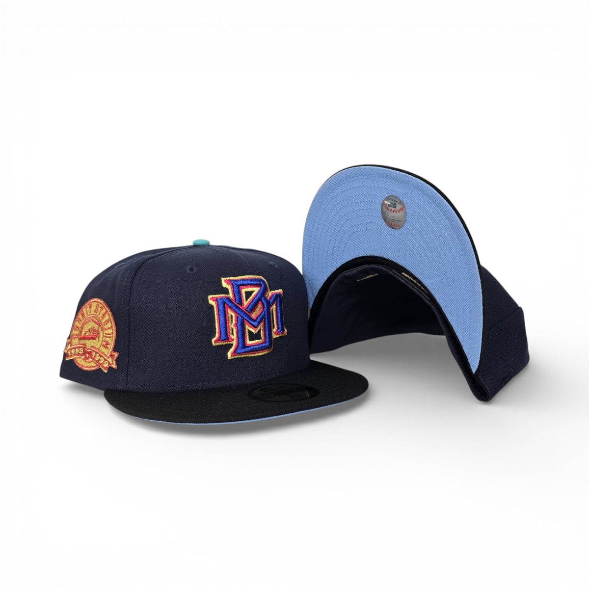 Navy Blue Milwaukee Brewers Black Visor Icy Blue Bottom 1953-1999 County Stadium Side Patch New Era 59Fifty Fitted